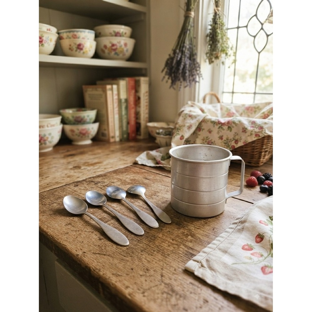 Vintage Aluminum Measuring Cup Set With Four Spoons Kitchen Collectible